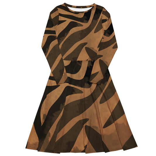 All-over print long sleeve midi dress (Tiger Print)