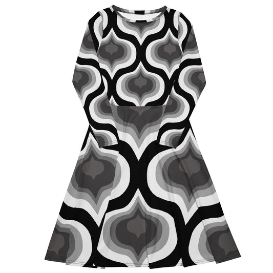 All-over print long sleeve midi dress (Gray Abstract)