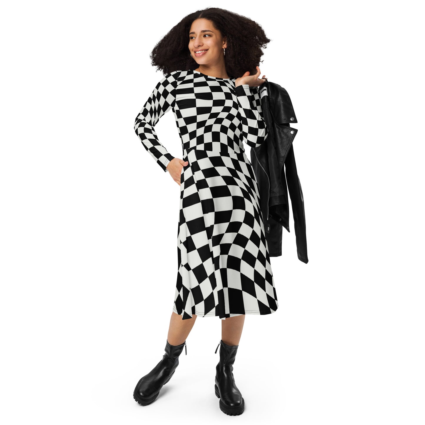 All-over print long sleeve midi dress (Checkers)