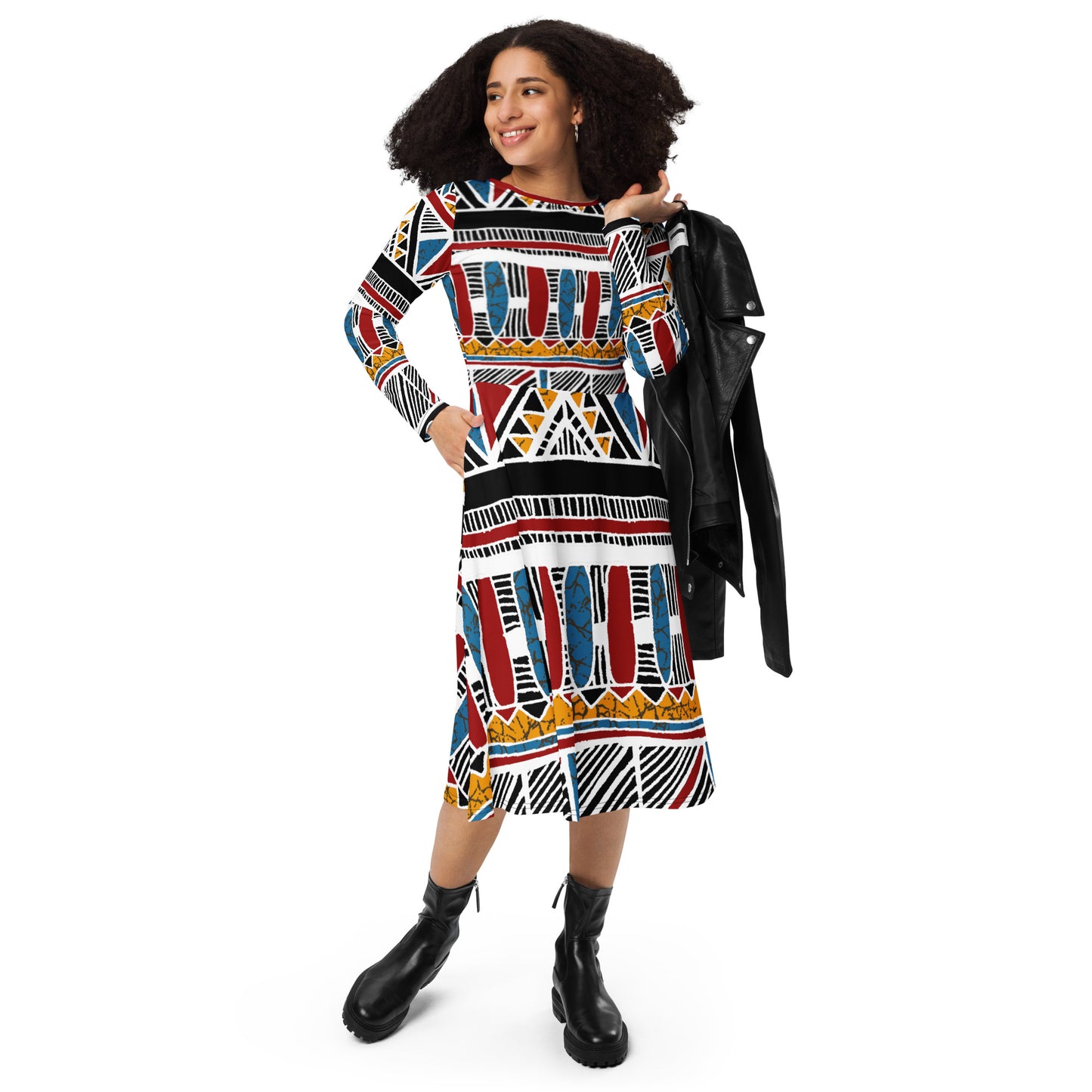 All-over print long sleeve midi dress (Boho)