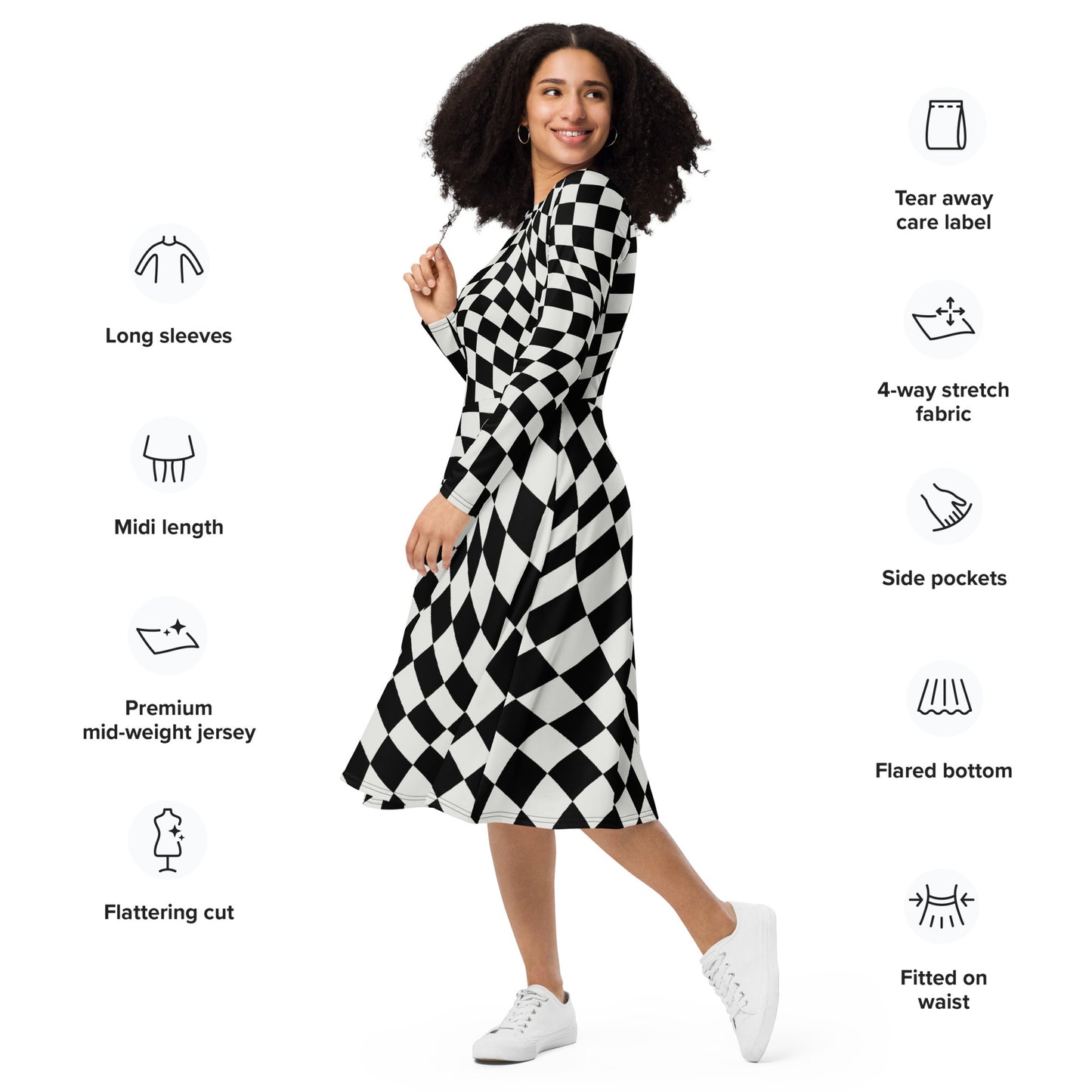 All-over print long sleeve midi dress (Checkers)