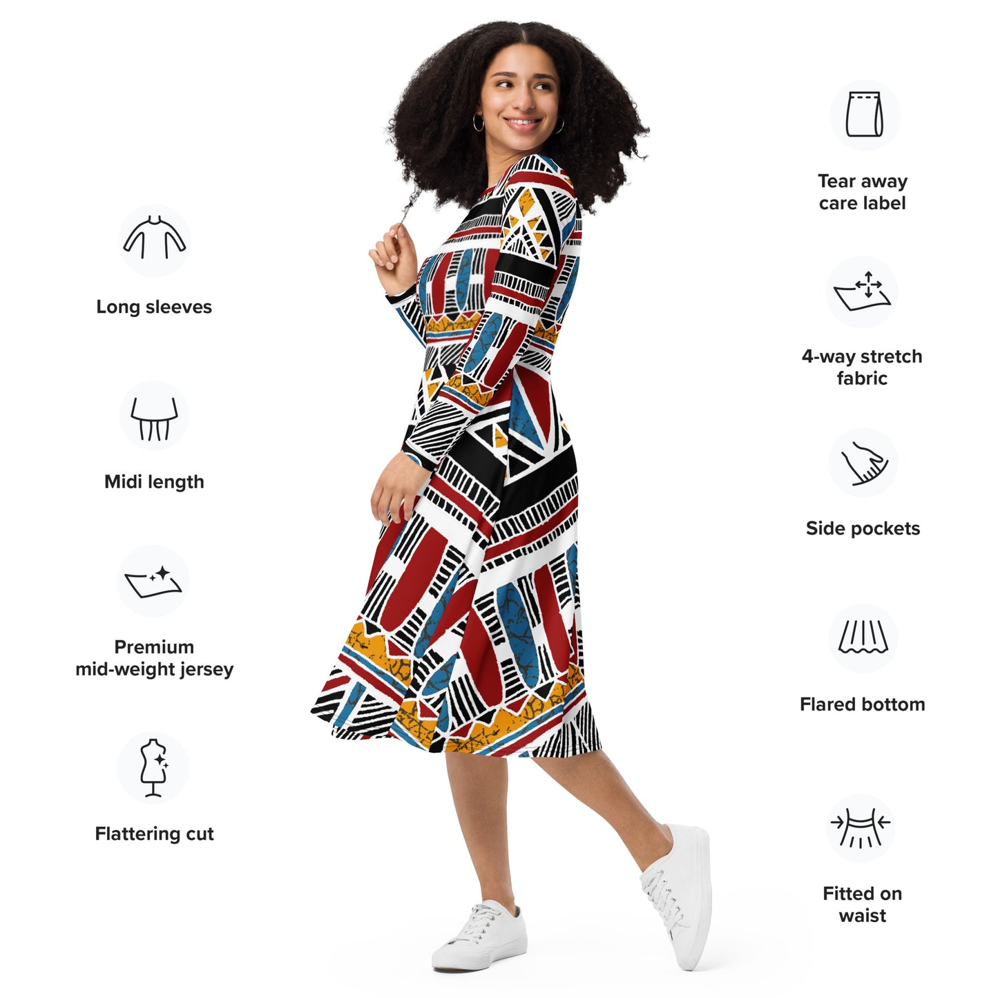 All-over print long sleeve midi dress (Boho)