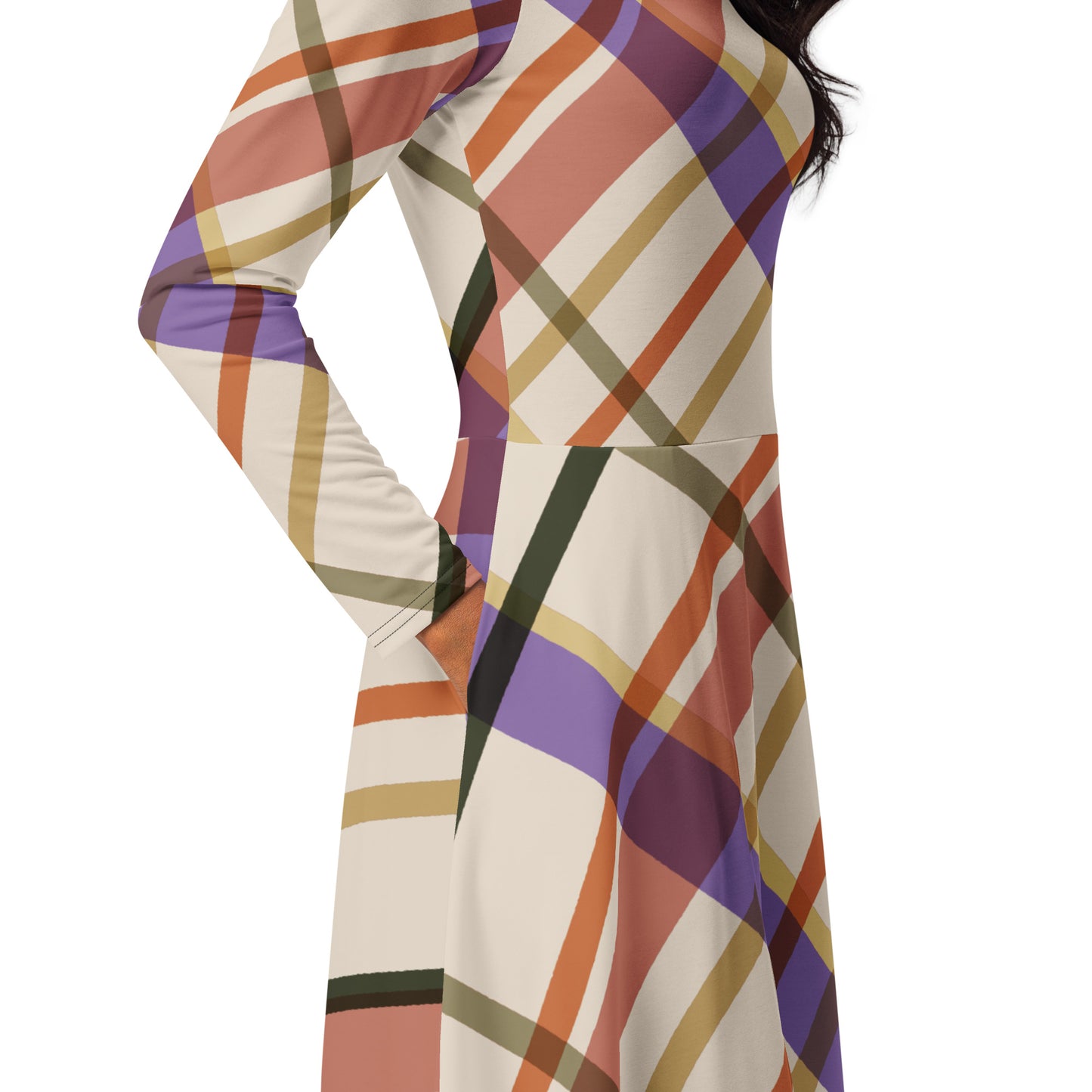 All-over print long sleeve midi dress (Plaid)