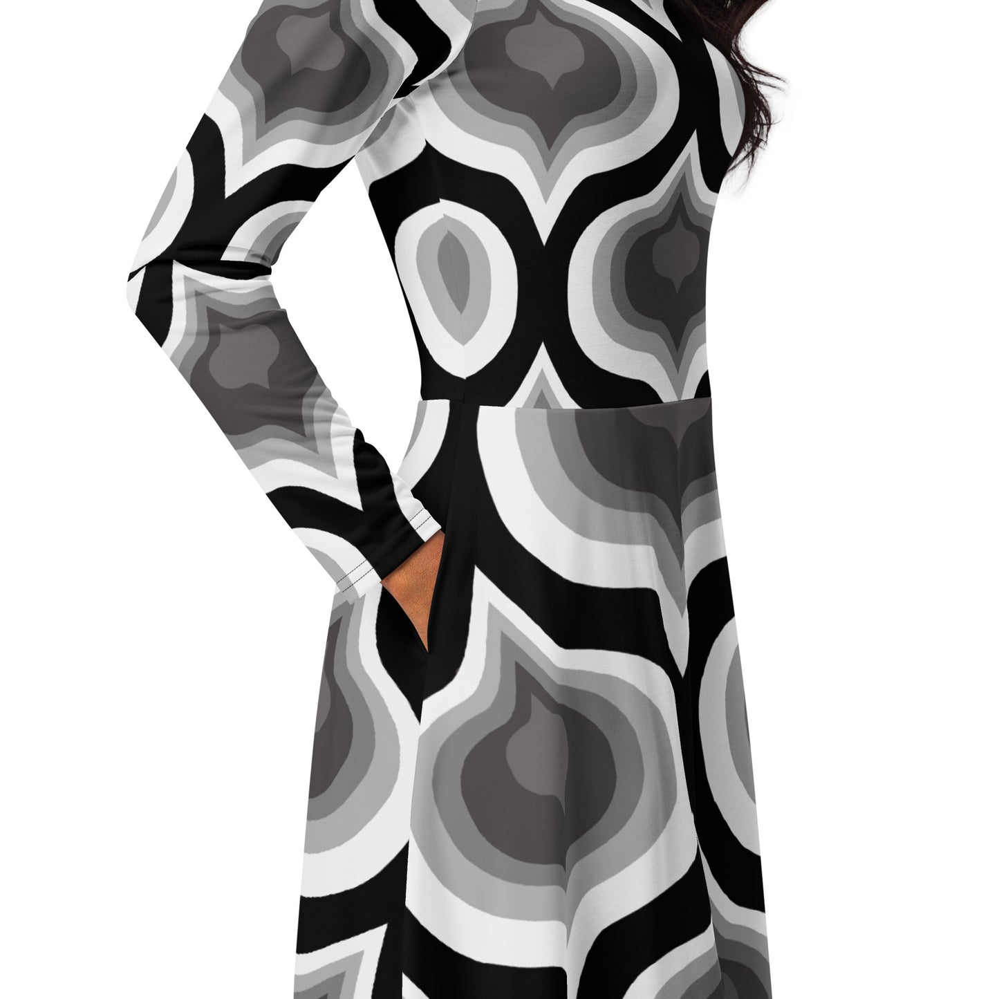 All-over print long sleeve midi dress (Gray Abstract)