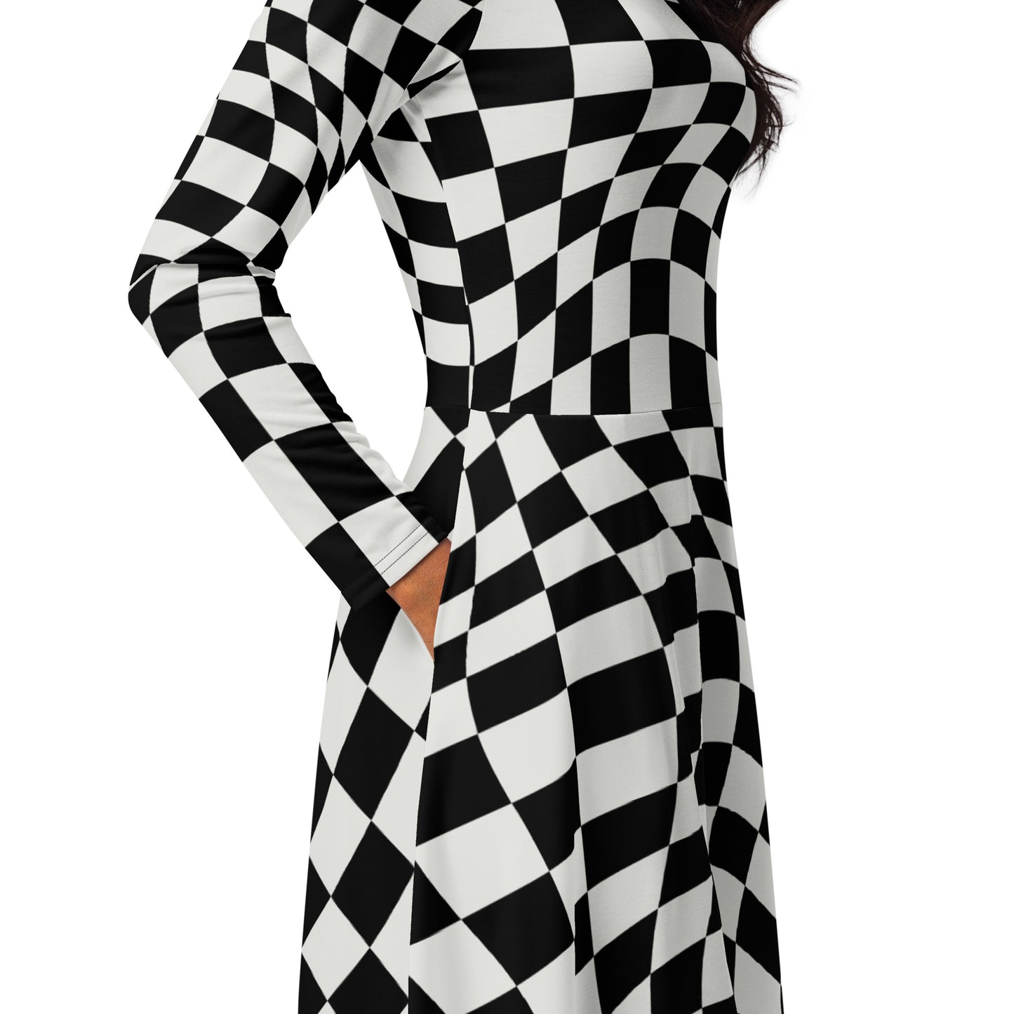 All-over print long sleeve midi dress (Checkers)