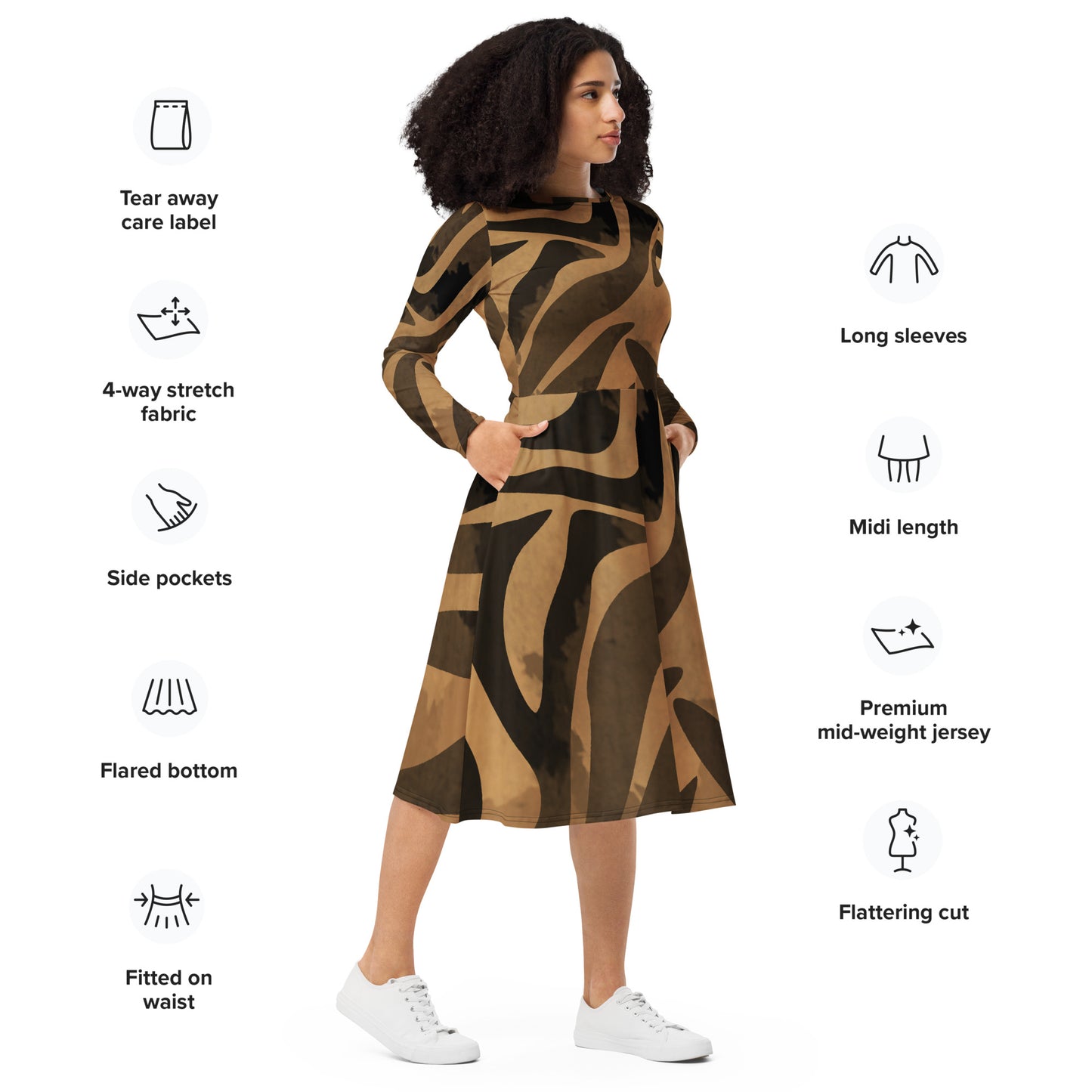 All-over print long sleeve midi dress (Tiger Print)