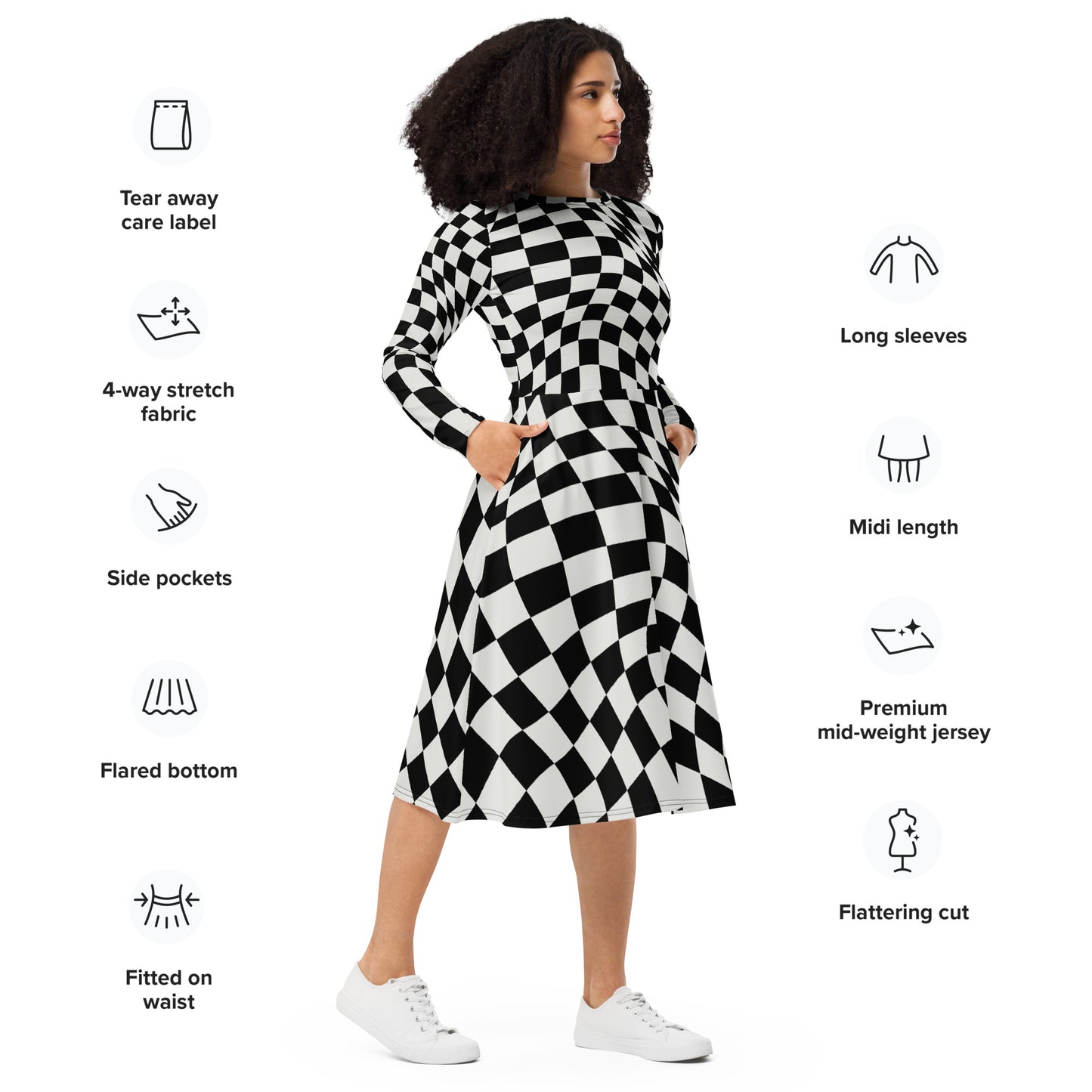 All-over print long sleeve midi dress (Checkers)