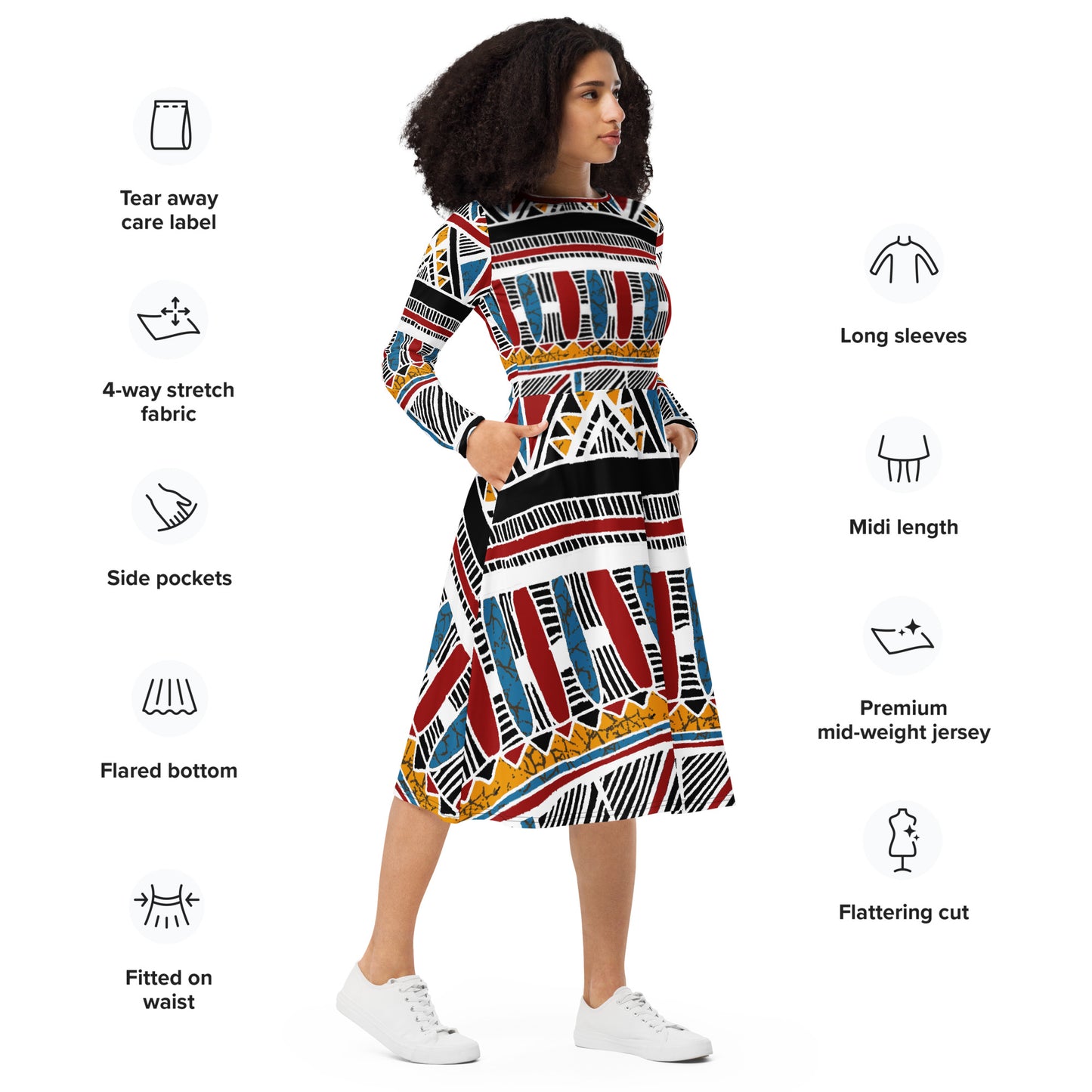 All-over print long sleeve midi dress (Boho)