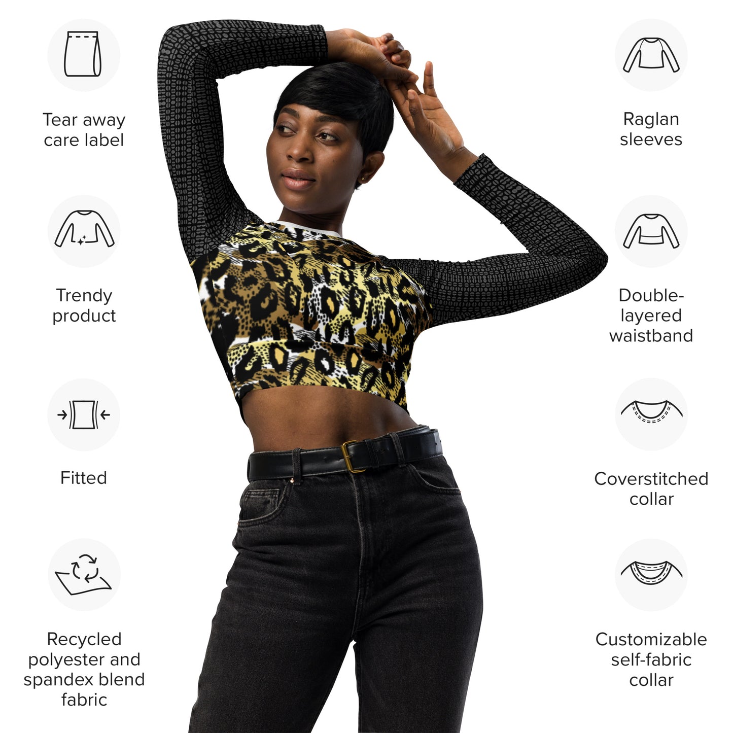 Recycled long-sleeve crop top (Cheetah)