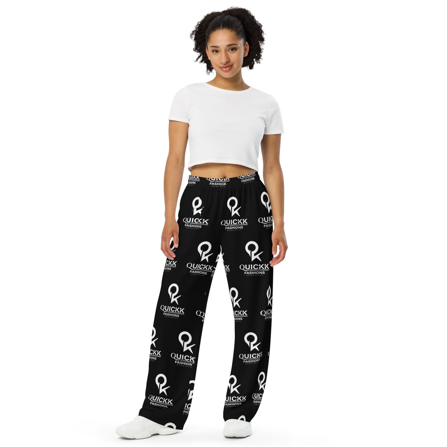 All-over print unisex wide-leg pants (Black Quickk)