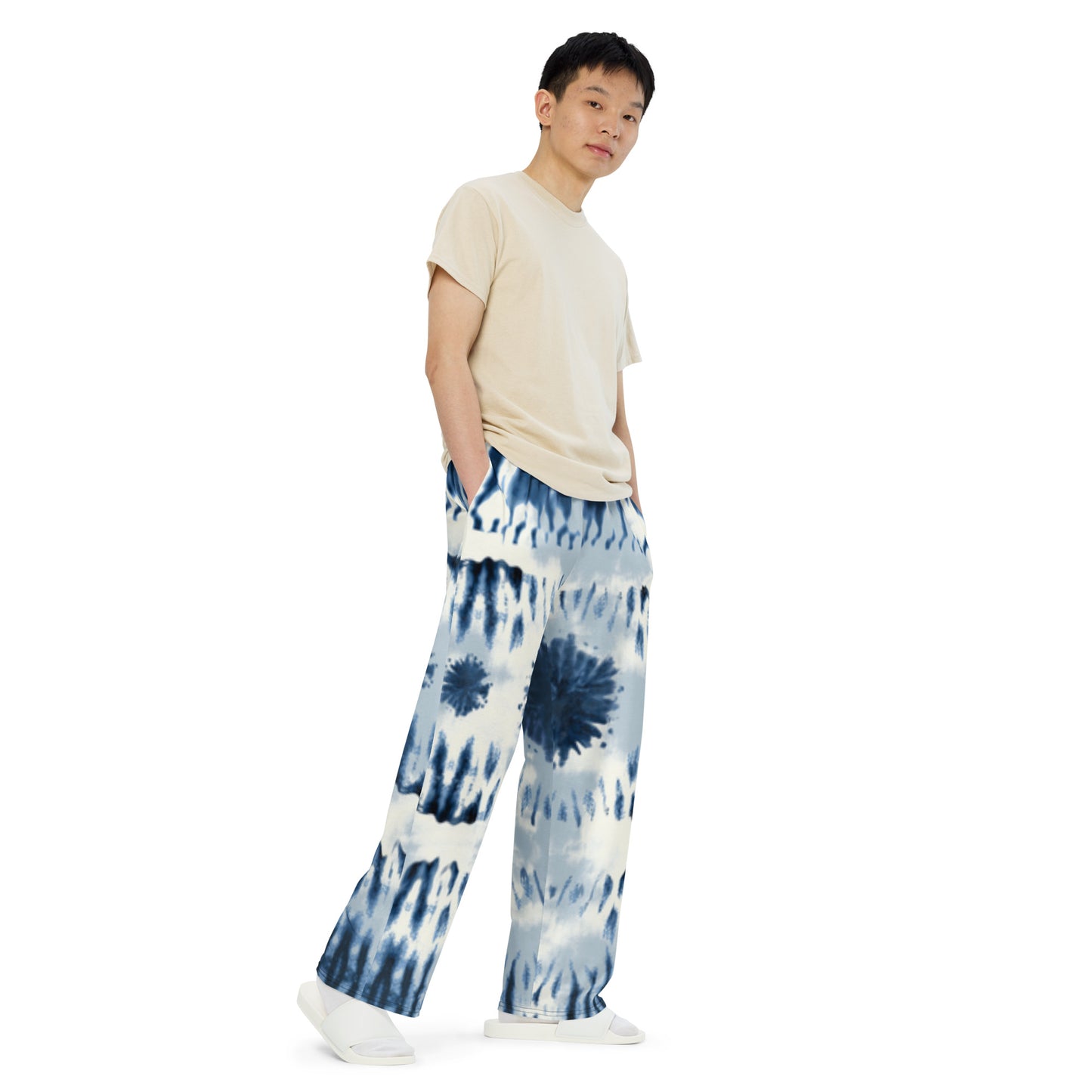 All-over print unisex wide-leg pants (Blue Tie-Dye))